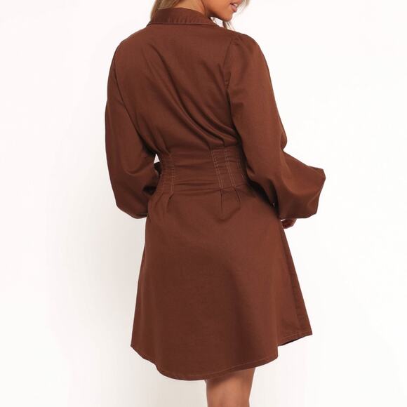 Petal And Pup Phoenix Mini Dress Brown Denim Cinched Long Sleeve Fall Size XL - Picture 2 of 15